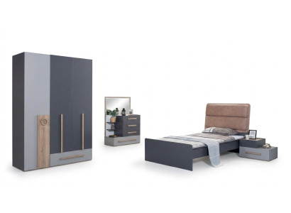 Jongerenkamer Set Grijs Bed Nachtkastje Kledingkast Ontwerp Nieuw 4-delig.