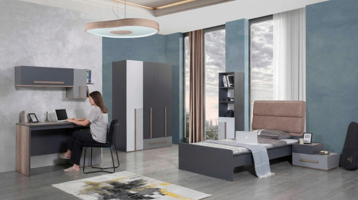 Grijze tienerkamer kledingkast boekenplank kinderkamer bed 5-delig