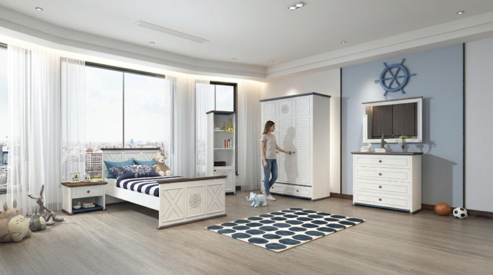 Jongerenkamer Compleet Eenpersoonsbed Garderobekast Commode met Spiegel Ontwerp 6-delig