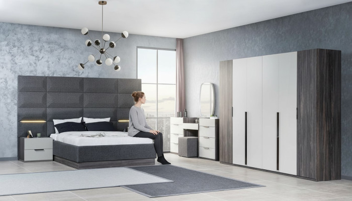 Slaapkamer Bed Nachtkastje Kledingkast Commode met Spiegel Meubelset 5-delig