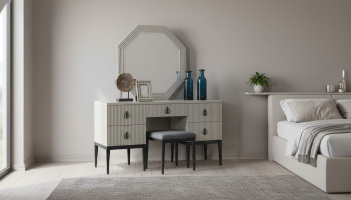Toilettafel met spiegel Grijze slaapkamerontwerp Consolekruk Nieuw