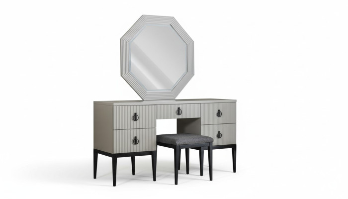Toilettafel met spiegel Grijze slaapkamerontwerp Consolekruk Nieuw
