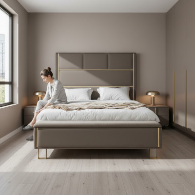 Taupe gestoffeerde bedden tweepersoonsbed houten slaapkamermeubels Hotel gestoffeerd 180x200.