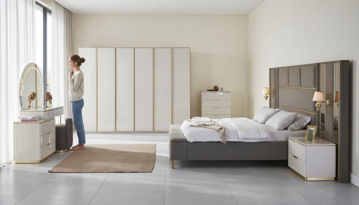 Luxe complete slaapkamer set beige goud commode bed nachtkastje 7-delige glans