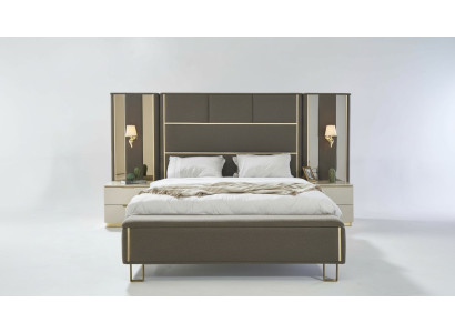 Bed Dubbel bed 2x Nachtkastjes Hout Ontwerp Bedden Slaapkamer Bekleding 3-delige set