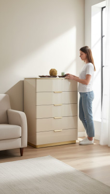 Commodes Beige Hout Luxe Hoge kast Consoles Kasten Meubels Dressoir Kast