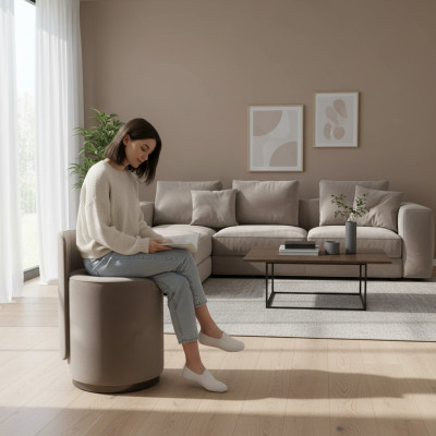 Ontwerp fauteuil Luxe Ottomaanse kaptafel Voetenbank Ronde gestoffeerde stoel Bruine bank