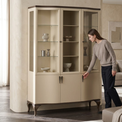 Vitrine glazen kast luxe sideboard vitrine woonkamer beige hout nieuw.