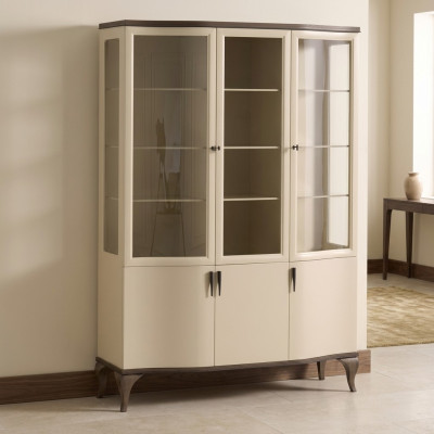 Vitrine glazen kast luxe sideboard vitrine woonkamer beige hout nieuw.