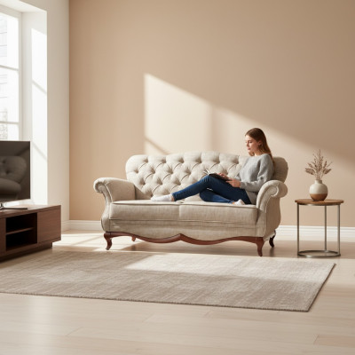 Tweepersoons Chesterfield bank bankstel meubels woonkamer textiel zitkussen.
