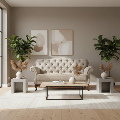 Tweepersoons Chesterfield bank bankstel meubels woonkamer textiel zitkussen.