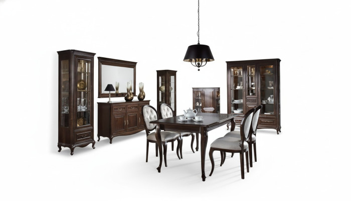 9-delige eetkamerset: tafel, dressoir, spiegel, vitrinekast.