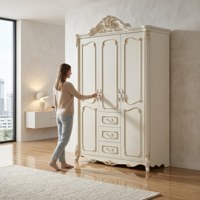 Driedeurs kledingkast kast Wit Barok Rococo Kasten Hout