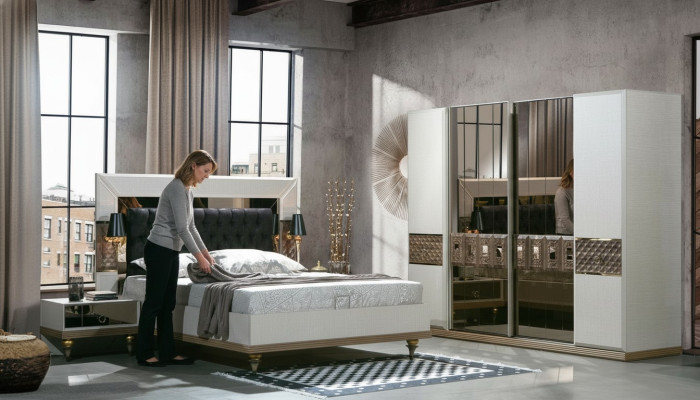 Slaapkamer Set Bed 2x Nachtkastjes Textiel Kledingkast Modern 4-delig.