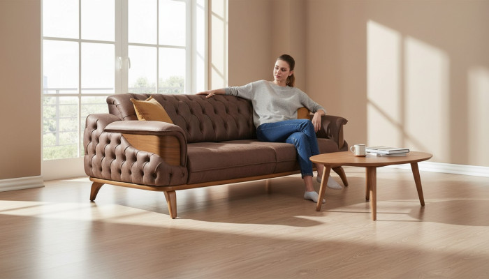 Luxe driepersoons Chesterfield bank meubels banken bruin bankstellen leer bekleding nieuw