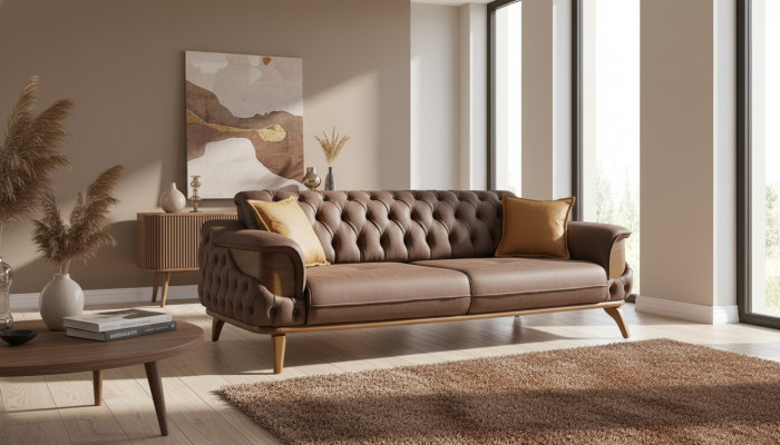 Luxe driepersoons Chesterfield bank meubels banken bruin bankstellen leer bekleding nieuw