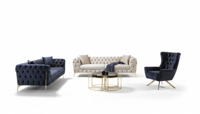 Sofaset Blauw Bank Luxe Banken Fauteuils 3+3+1 Chesterfield Design Fluweel