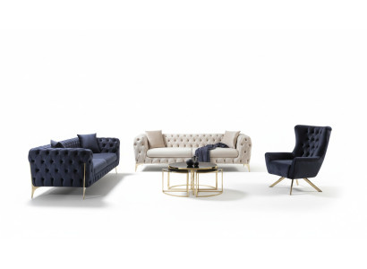 Sofaset Blauw Bank Luxe Banken Fauteuils 3+3+1 Chesterfield Design Fluweel