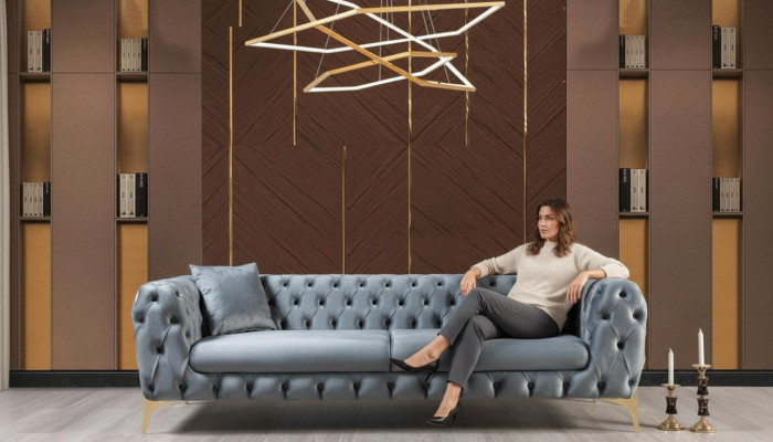 Driepersoonsbank Luxe Chesterfield 3-zitsbank Grijs Bankstellen Velours Nieuw Bank