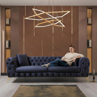Driedubbele zitbank Luxe Chesterfield 3-zitter Banken Blauw Sofa's Fluweel Nieuw Bank