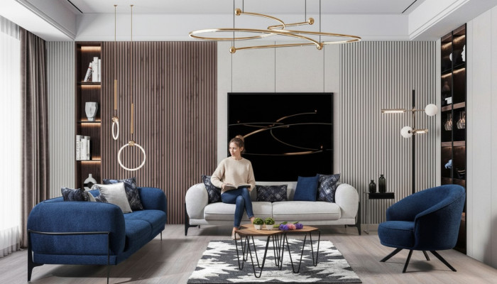 Luxe bankstel 3+3+1 zitplaatsen leer Moderne bank Fauteuil Blauwe bankstellen set 3-delig Nieuw