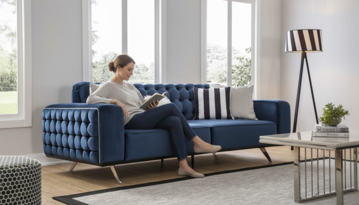 Klassieke Chesterfield driezits luxueuze blauwe bankenbank 3-zitsbanken
