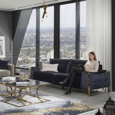Klassieke bank 3-zits design woonkamer stoffering houten stoffering moderne luxe blauw