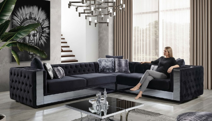 Zwart Chesterfield gestoffeerde bank Hoekbank Set Bekleding Luxe Hoekbanken