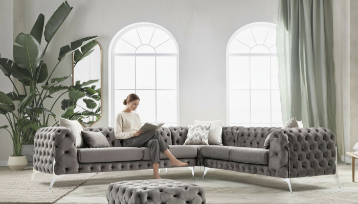 Grijze Chesterfield gestoffeerde bank Bank Hoekbank Set Bekleding Luxe Hoekbanken Nieuw