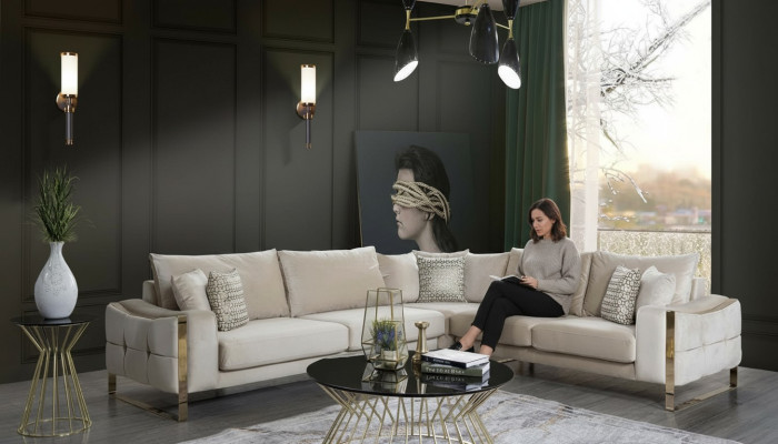 Hoekbank L-vorm Bank Bank Ontwerp Banken Bekleding Textiel Hoekbank Beige