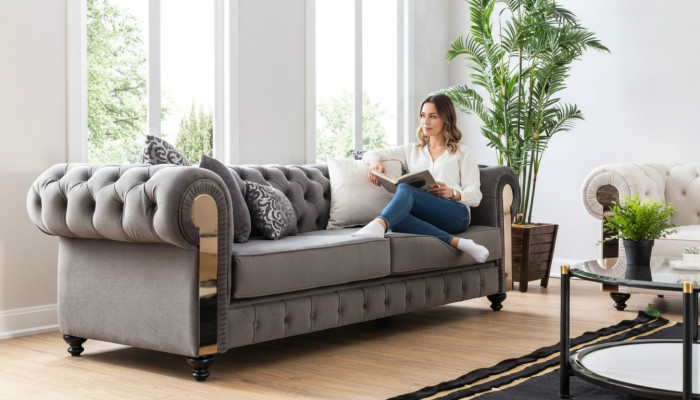 Luxe woonkamerbank 3-zits grijze Chesterfield klassieke bank