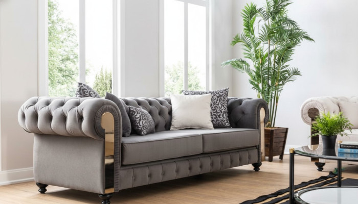 Luxe woonkamerbank 3-zits grijze Chesterfield klassieke bank