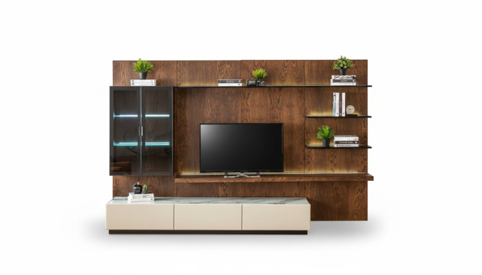 Luxe muurkasten kasten planken woonkamer vitrine houten design