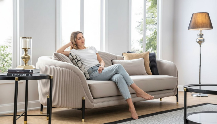 Bankstel 3-zits gestoffeerde bank beige textiel zitdesign bank banken stof modern nieuw