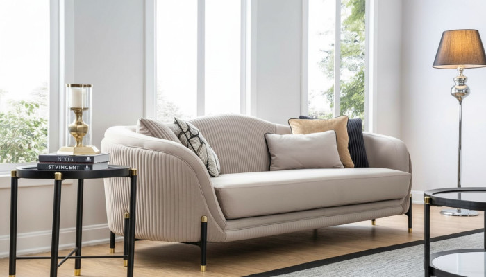 Bankstel 3-zits gestoffeerde bank beige textiel zitdesign bank banken stof modern nieuw