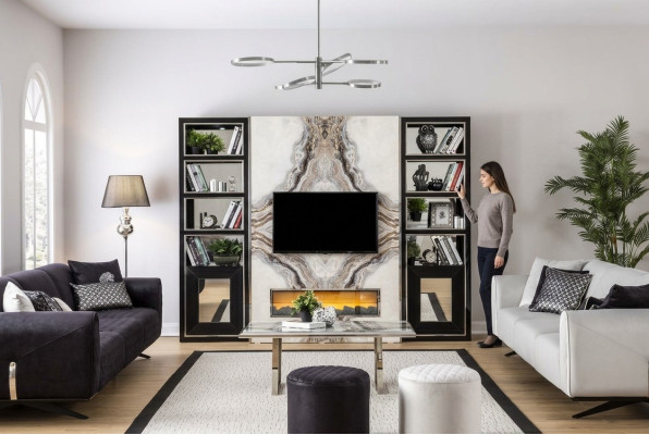 Luxe woonkamer wandmeubel tv-kast wanden marmerimitatie zwart 270cm