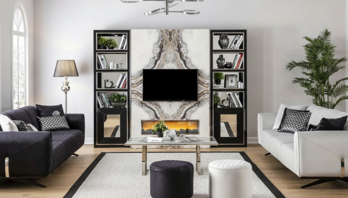 Luxe woonkamer wandmeubel tv-kast wanden marmerimitatie zwart 270cm
