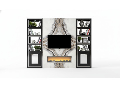 Luxe woonkamer wandmeubel tv-kast wanden marmerimitatie zwart 270cm