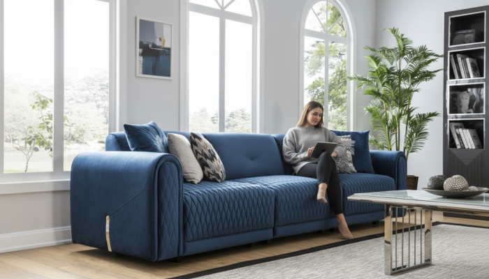 Luxe bankstel 4-zits woonkamer Modern design Blauwe leren banken Nieuw