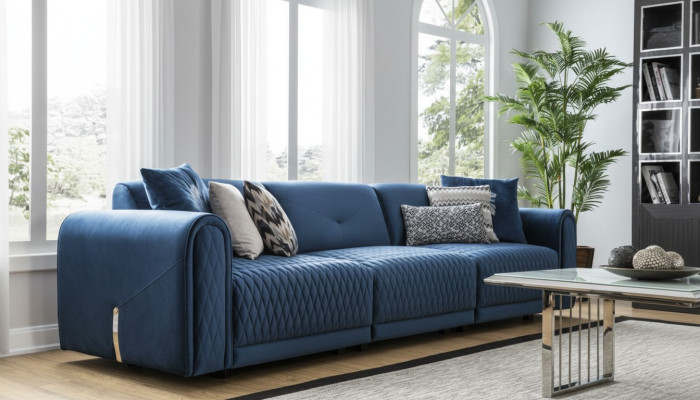 Luxe bankstel 4-zits woonkamer Modern design Blauwe leren banken Nieuw