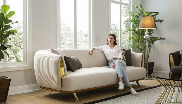 Moderne bank 2-zits gestoffeerde bank wit textiel zit ontwerp bank banken stof