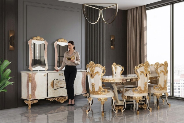 Luxe eetkamerset, 9-delig. Eettafel + 6 stoelen + dressoir met spiegel, nieuw, in het wit.