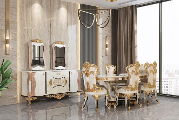 Luxe eetkamerset, 9-delig. Eettafel + 6 stoelen + dressoir met spiegel, nieuw, in het wit.