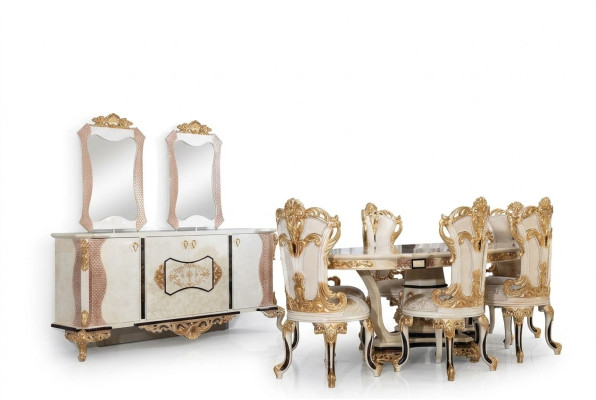 Luxe eetkamerset, 9-delig. Eettafel + 6 stoelen + dressoir met spiegel, nieuw, in het wit.