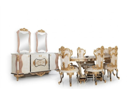 Luxe eetkamerset, 9-delig. Eettafel + 6 stoelen + dressoir met spiegel, nieuw, in het wit.