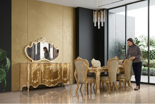 Luxe eetkamer set met 6 stoelen, dressoir, spiegel, complete eetkamerset.
