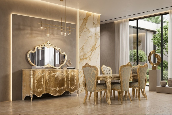 Luxe eetkamer set met 6 stoelen, dressoir, spiegel, complete eetkamerset.