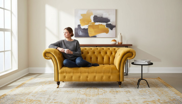 Fauteuil Chesterfield Meubelset 2x Eenzitter Set Bank Sofa Geel Textiel
