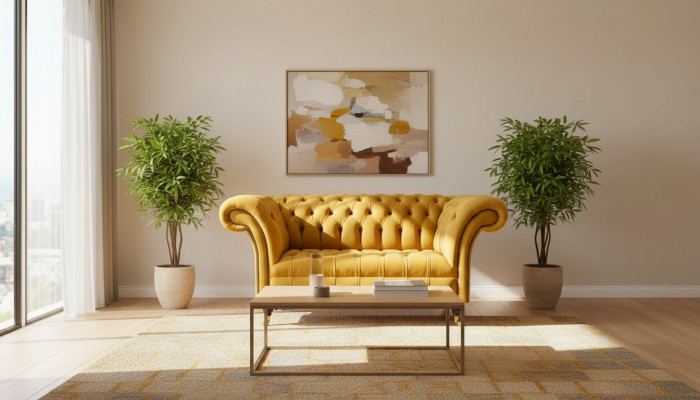 Fauteuil Chesterfield Meubelset 2x Eenzitter Set Bank Sofa Geel Textiel