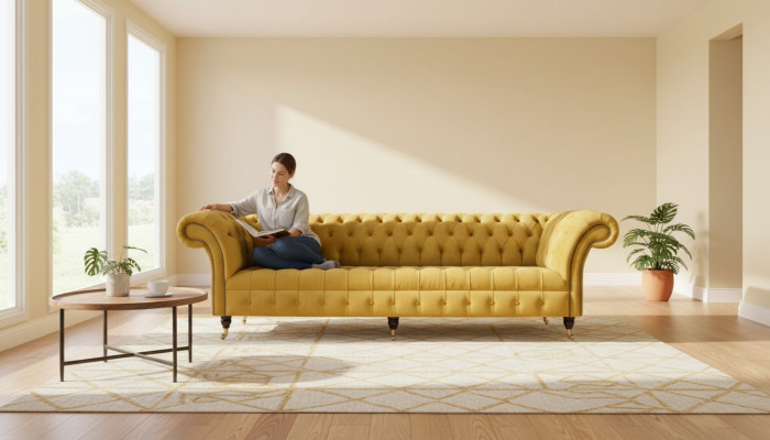 Eleganz Design Bank 4-Zitsbank Gestoffeerde Luxe Textiel Chesterfield Banken Geel